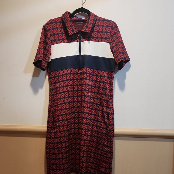 Tory Sport Red and Navy Patterned Midi Dress - Picture 1 of 10